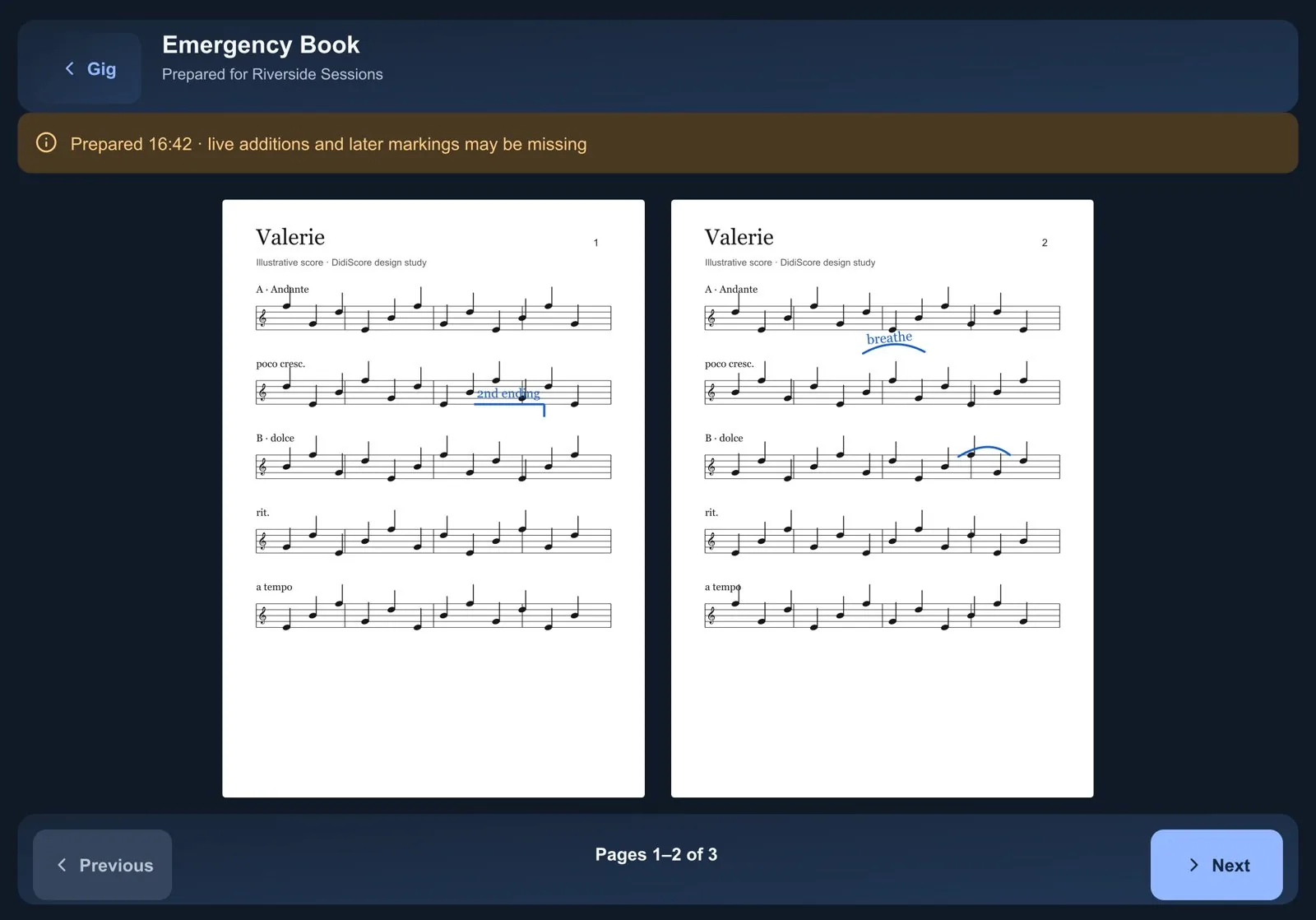 The Emergency Book: the gig's scores as one simple PDF with markings and large Previous and Next buttons.