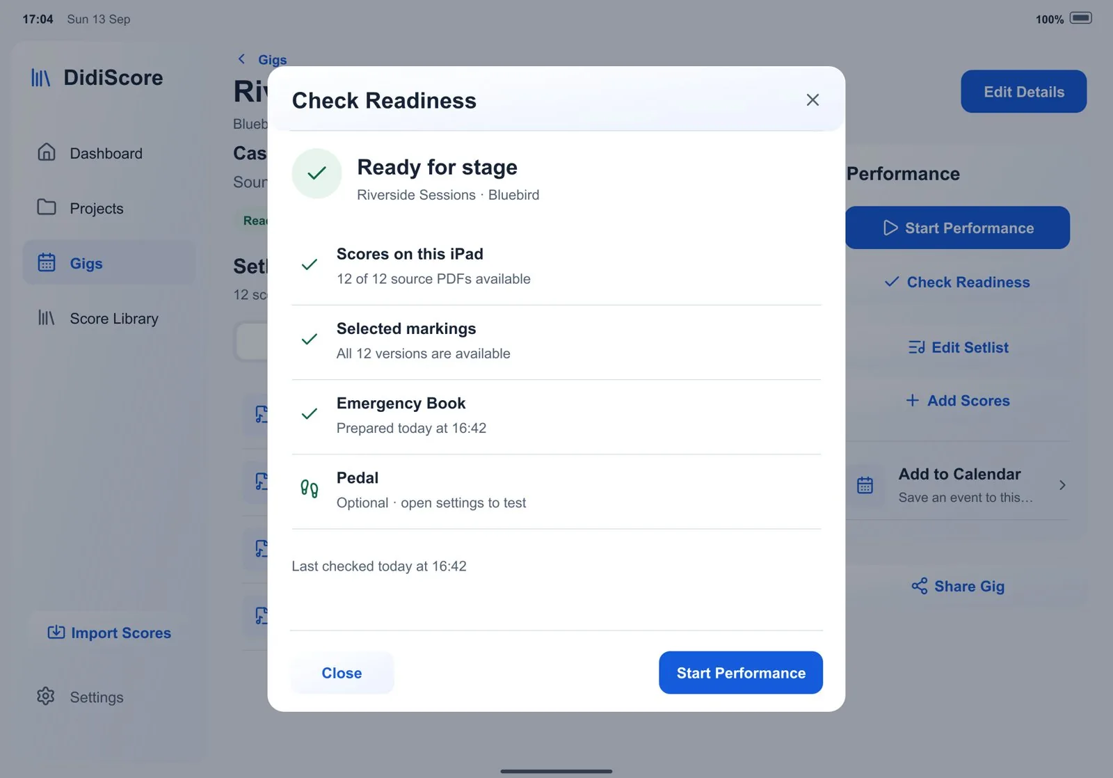 Check Readiness sheet: ready for stage, with ticks for scores on this iPad, selected markings, the Emergency Book and an optional pedal check.